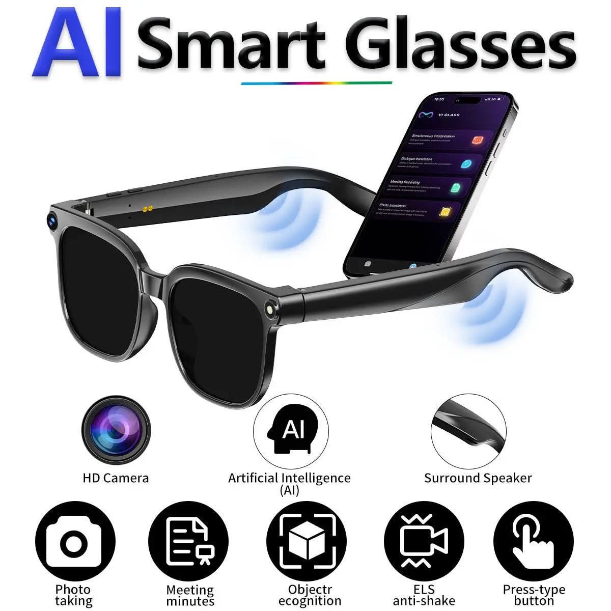 M02S AI Smart Glasses with 8MP Camera, Video Recording, Real-time Simultaneous Translation, Bluetooth Phone Calls & Intelligent AI Assistant Hconce